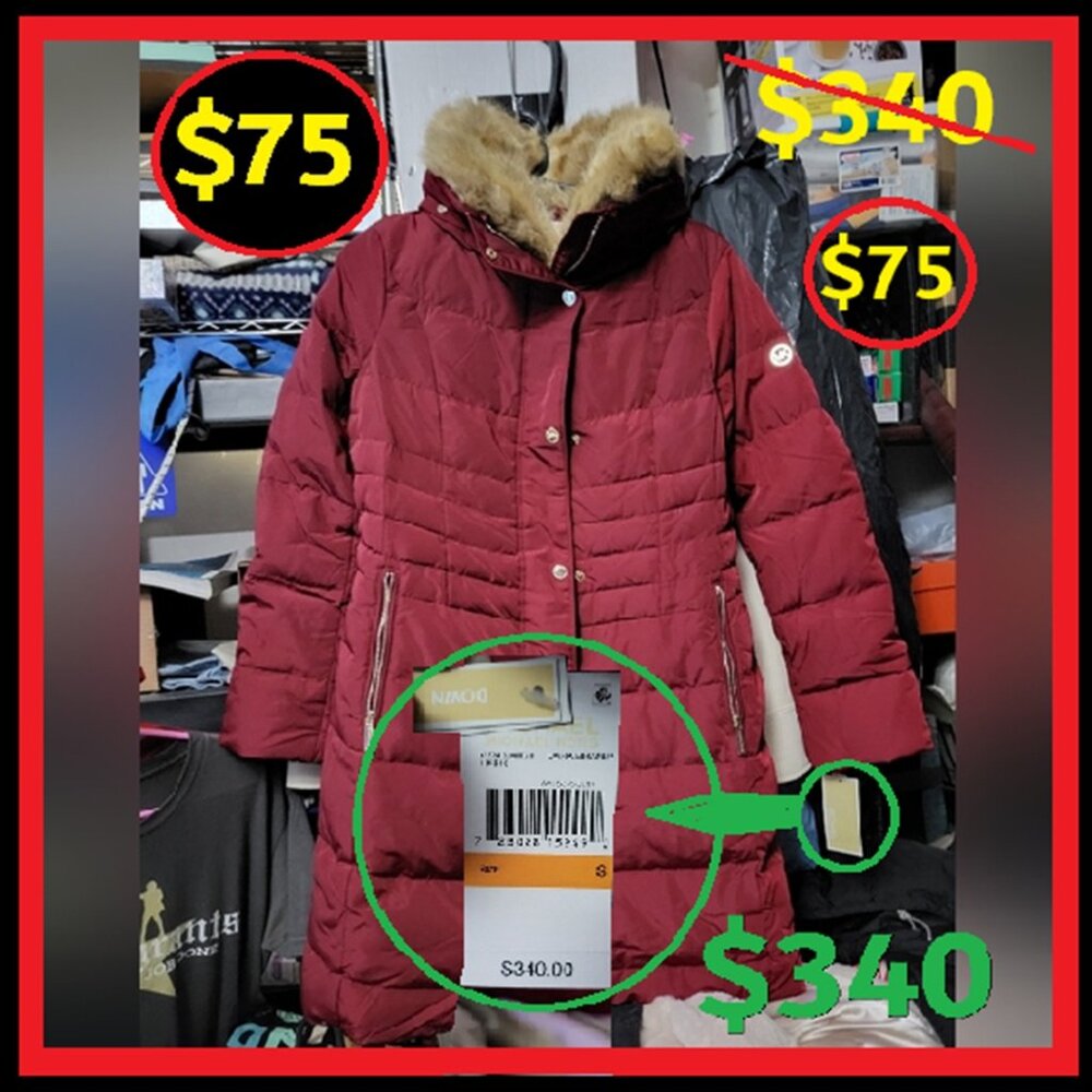 Michael Kors New With Tags Burgundy Puffer Coat with Faux Fur Trim, Size Small